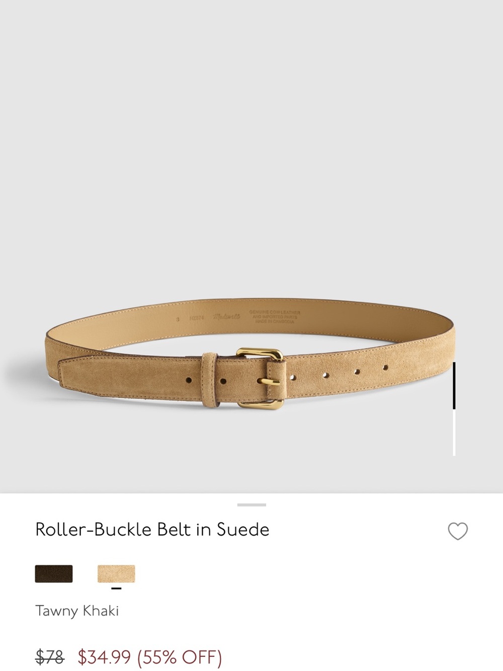 Madewell Gold-Tone Buckle Suede Belt in Tawny Brown- Size Small